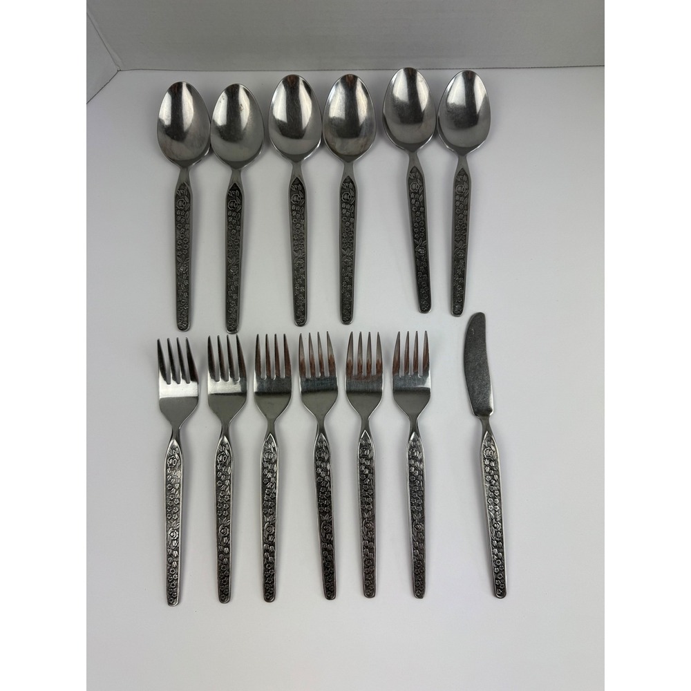 Vintage National Stainless Servita Flatware 13pc Set Floral Korea Blackened Rose